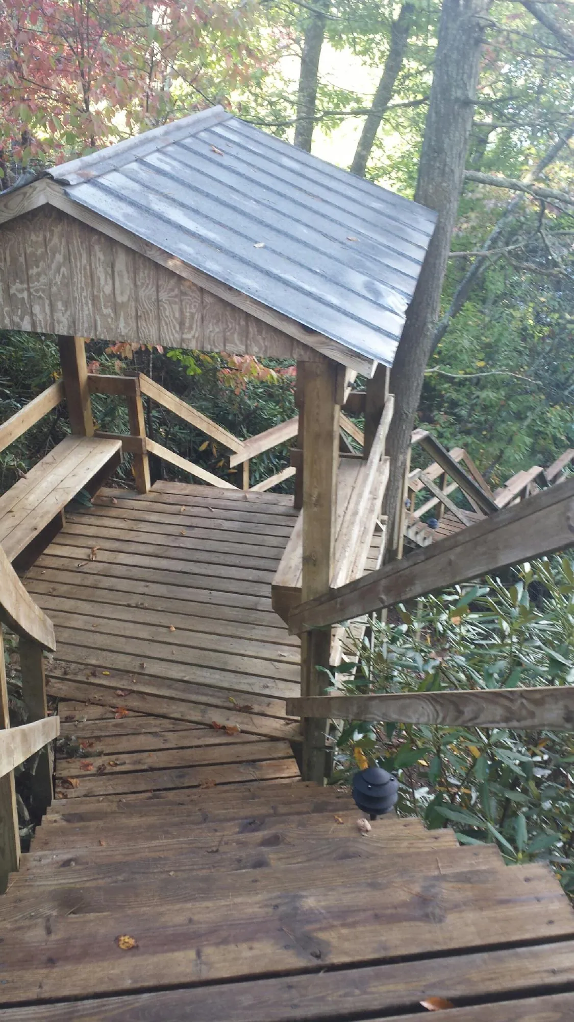 Metal roofed shelter over wooden steps on a wooded walkway — Skylight Repair & Installation work by our crew in Fabius